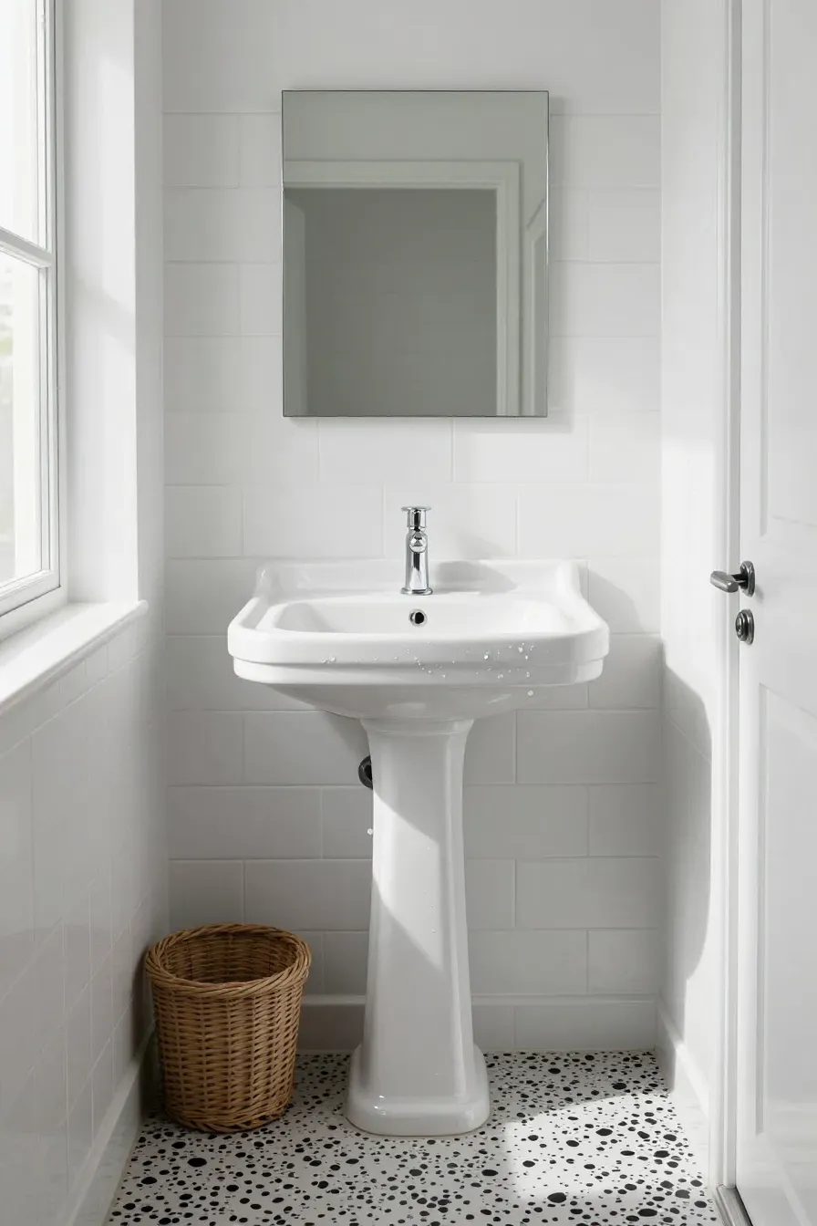 A slim white pedestal sink in a small bathroom with black and white patterned floor tiles.
