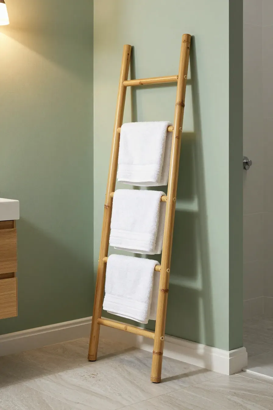 A bamboo ladder towel rack leaning against a sage green wall in a small bathroom.