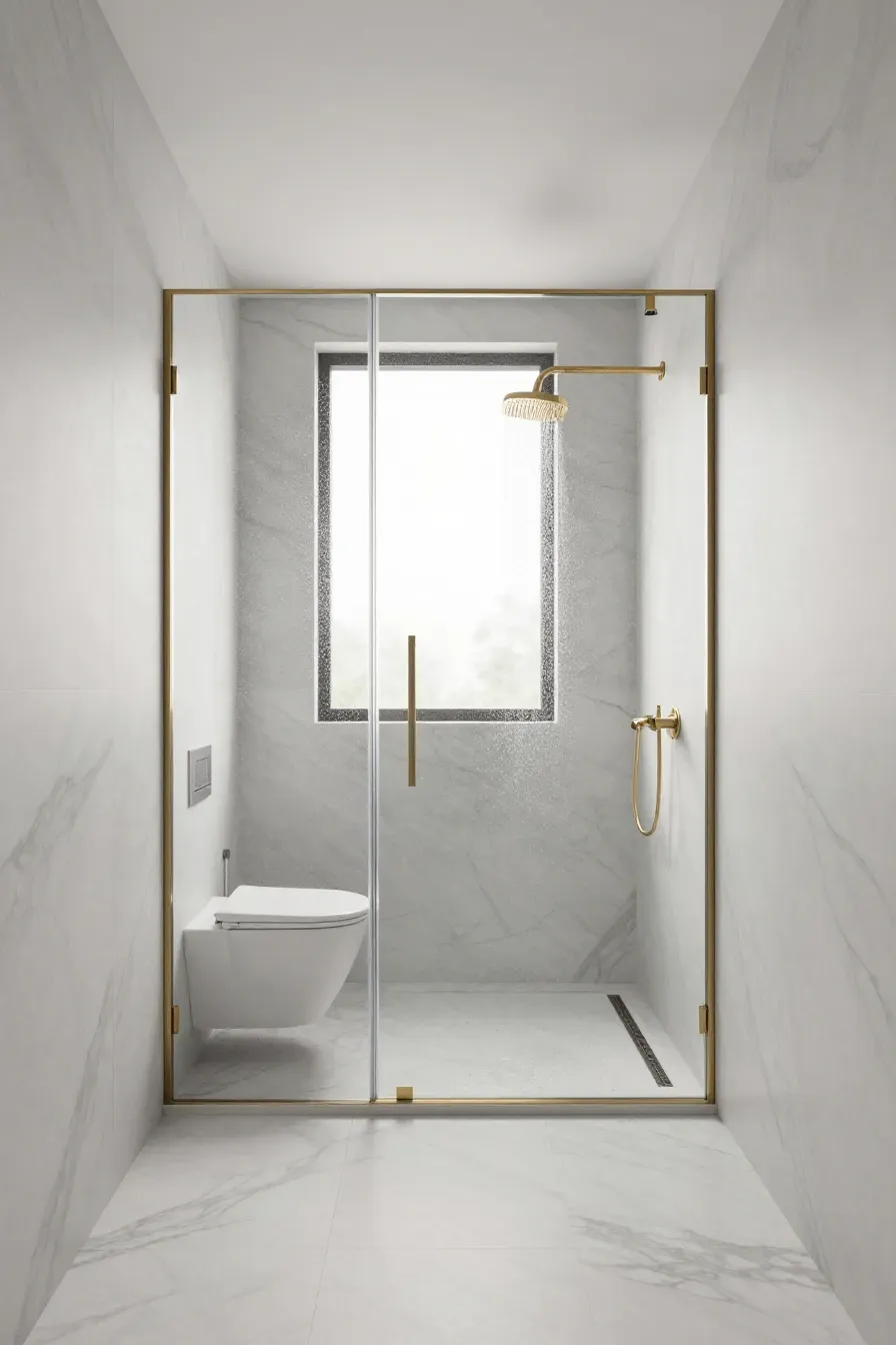 A long narrow bathroom with a doorless glass walk-in shower and marble tiles.