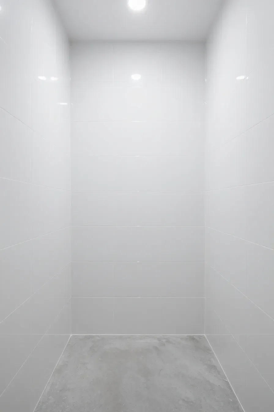 A small bathroom with high-gloss white wall tiles reflecting bright light.