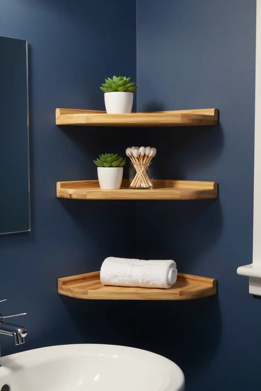 Floating bamboo corner shelves with decor in a small bathroom with navy blue walls.