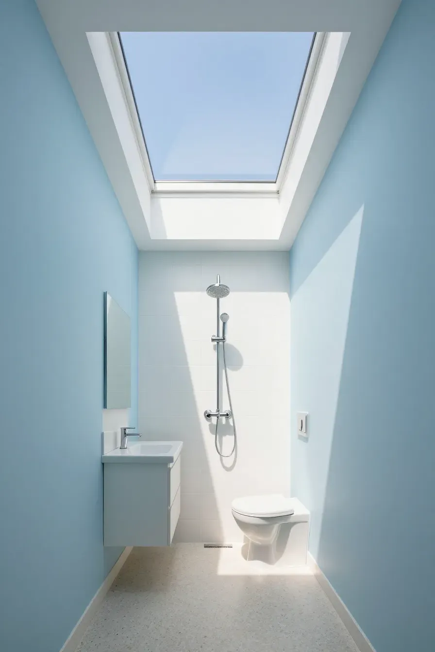 A small bright bathroom with a skylight in the ceiling letting in natural sunlight.
