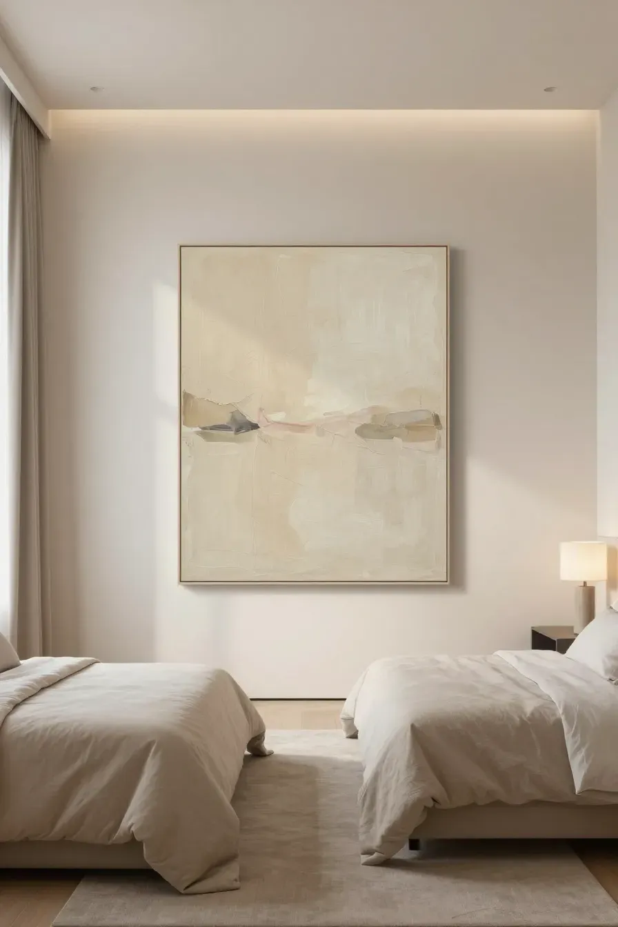 A wide view of a calm bedroom featuring beige wall art with different undertones on a neutral wall.