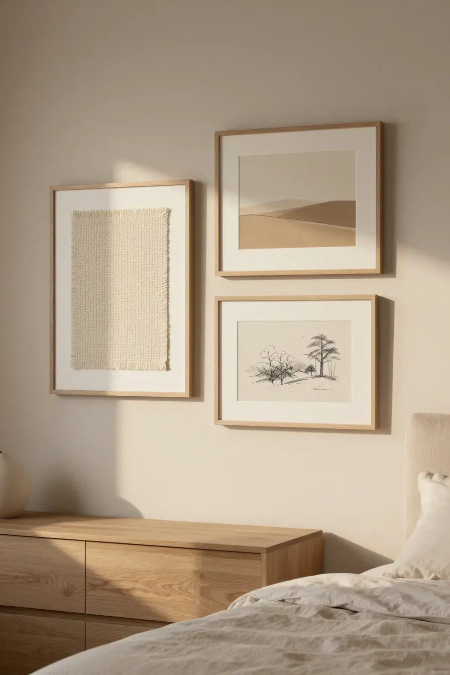 A bedroom wall displaying a mix of cream and beige artwork in different frames and textures.