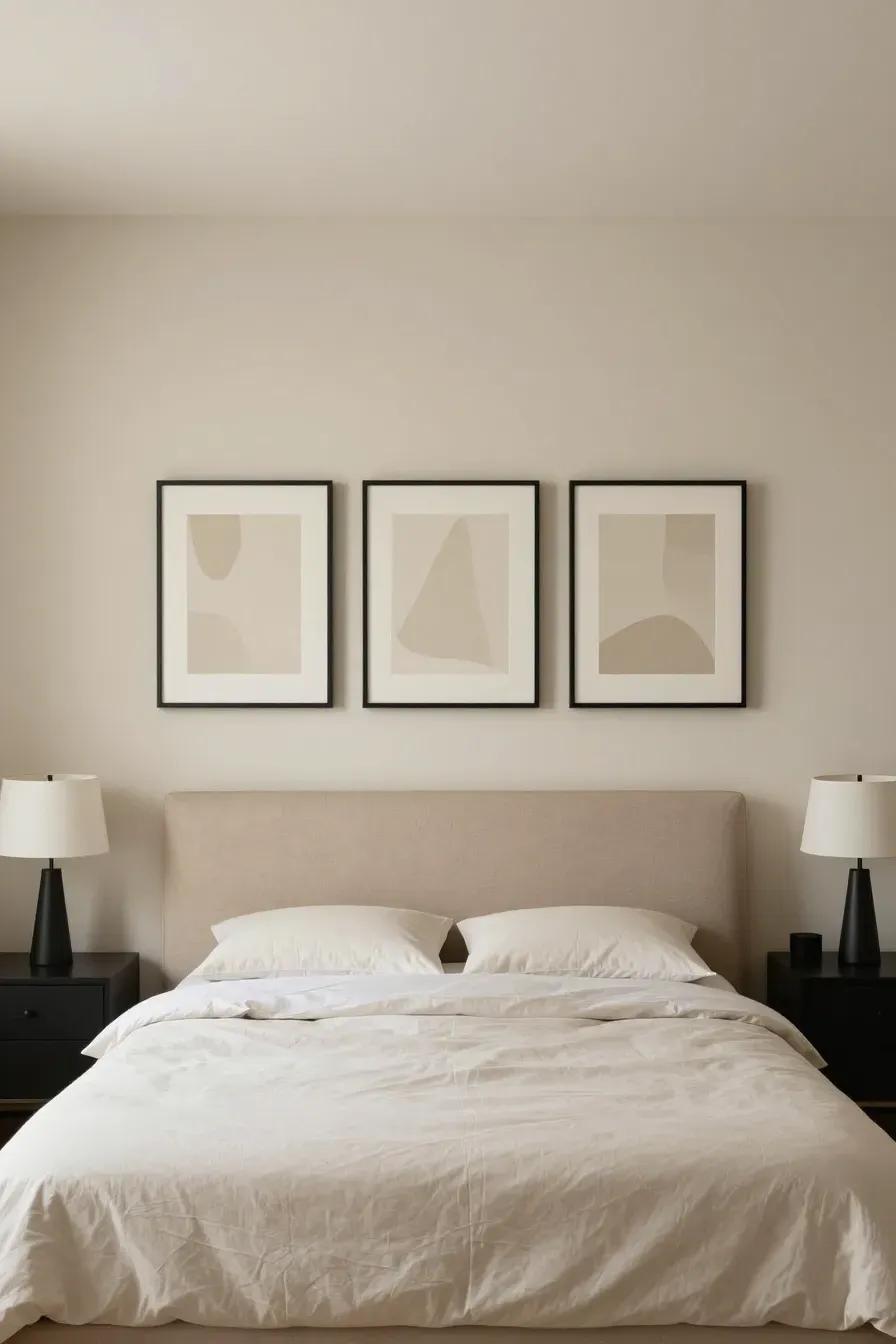 A symmetrical bedroom view showing three beige prints hung perfectly above a low fabric headboard.