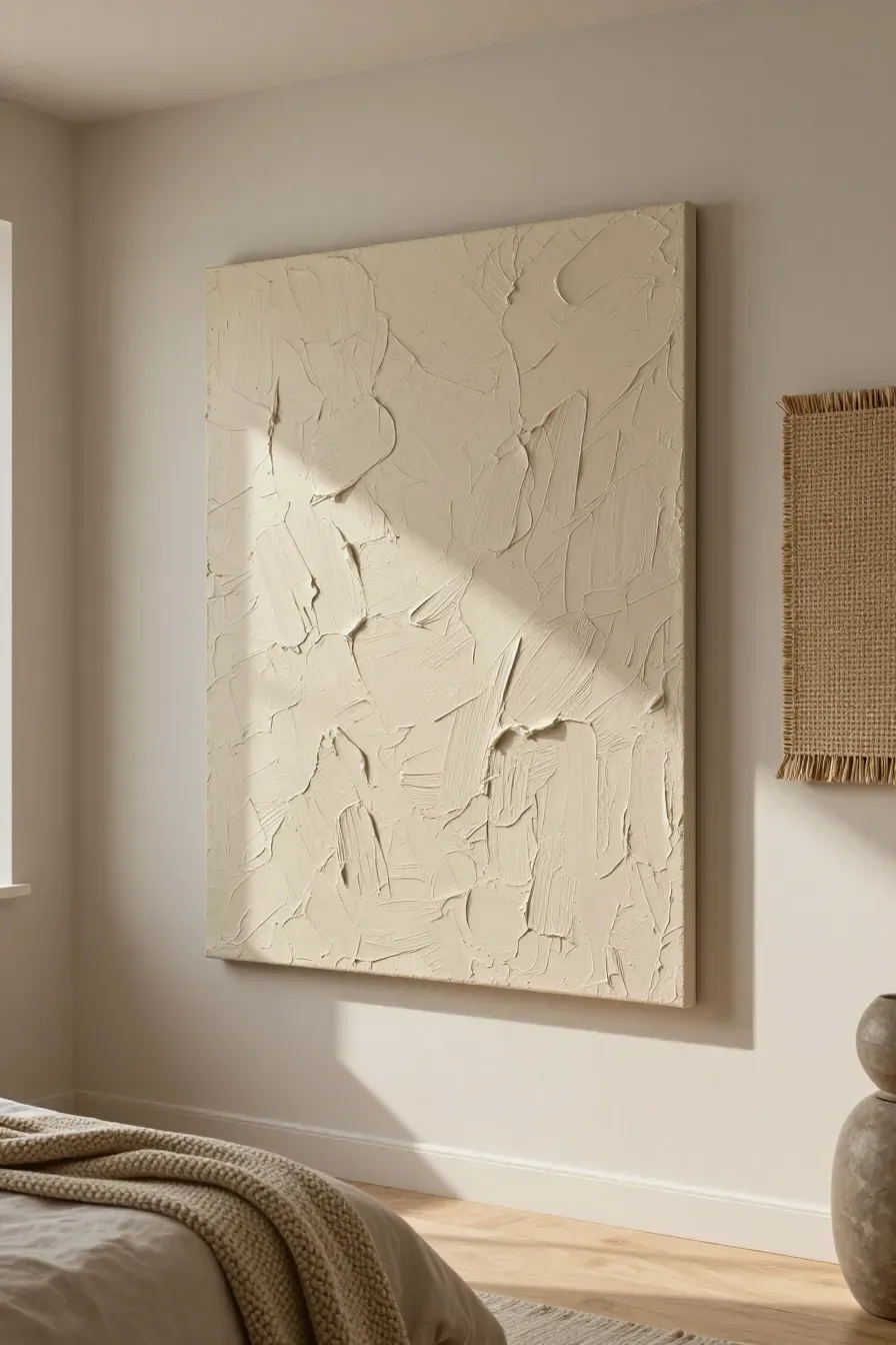 A textured beige impasto painting and woven wall art in a bright, neutral bedroom.