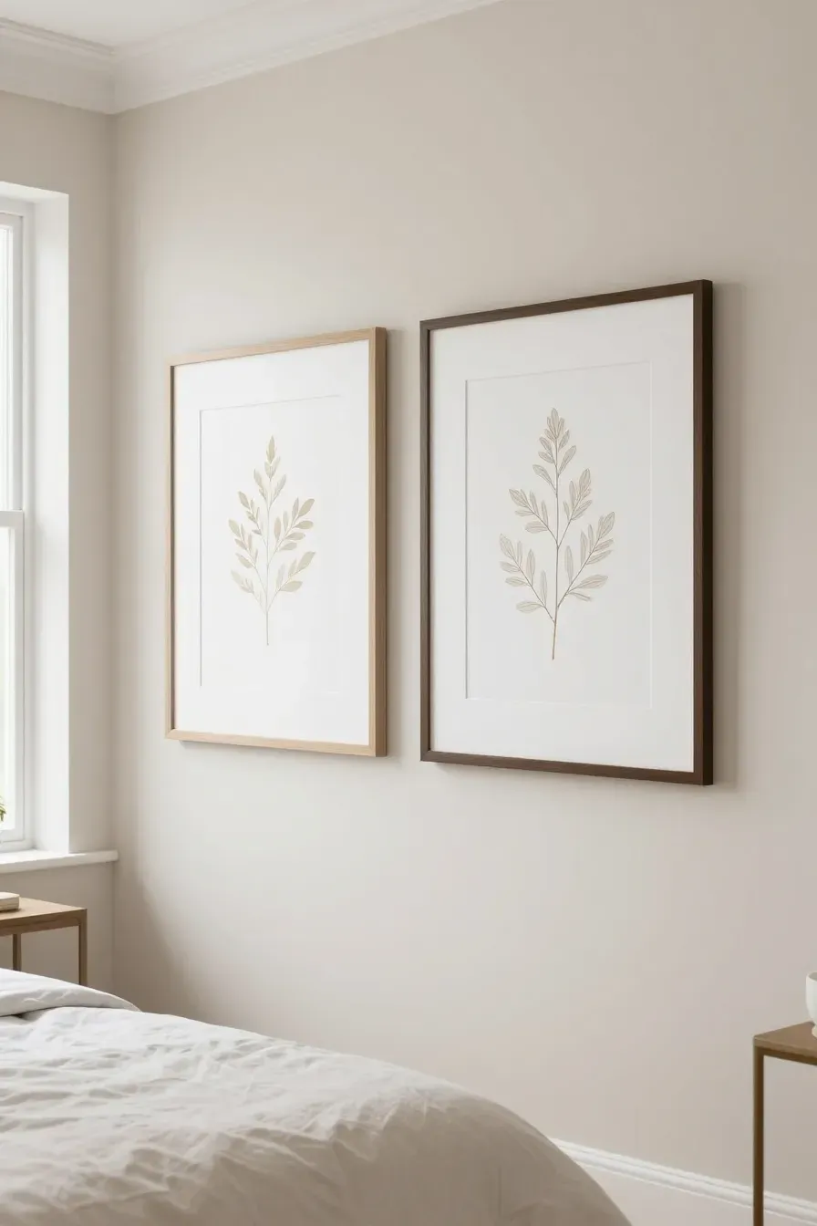 Beige botanical prints in oak and bronze frames with wide white mats on a bedroom wall.