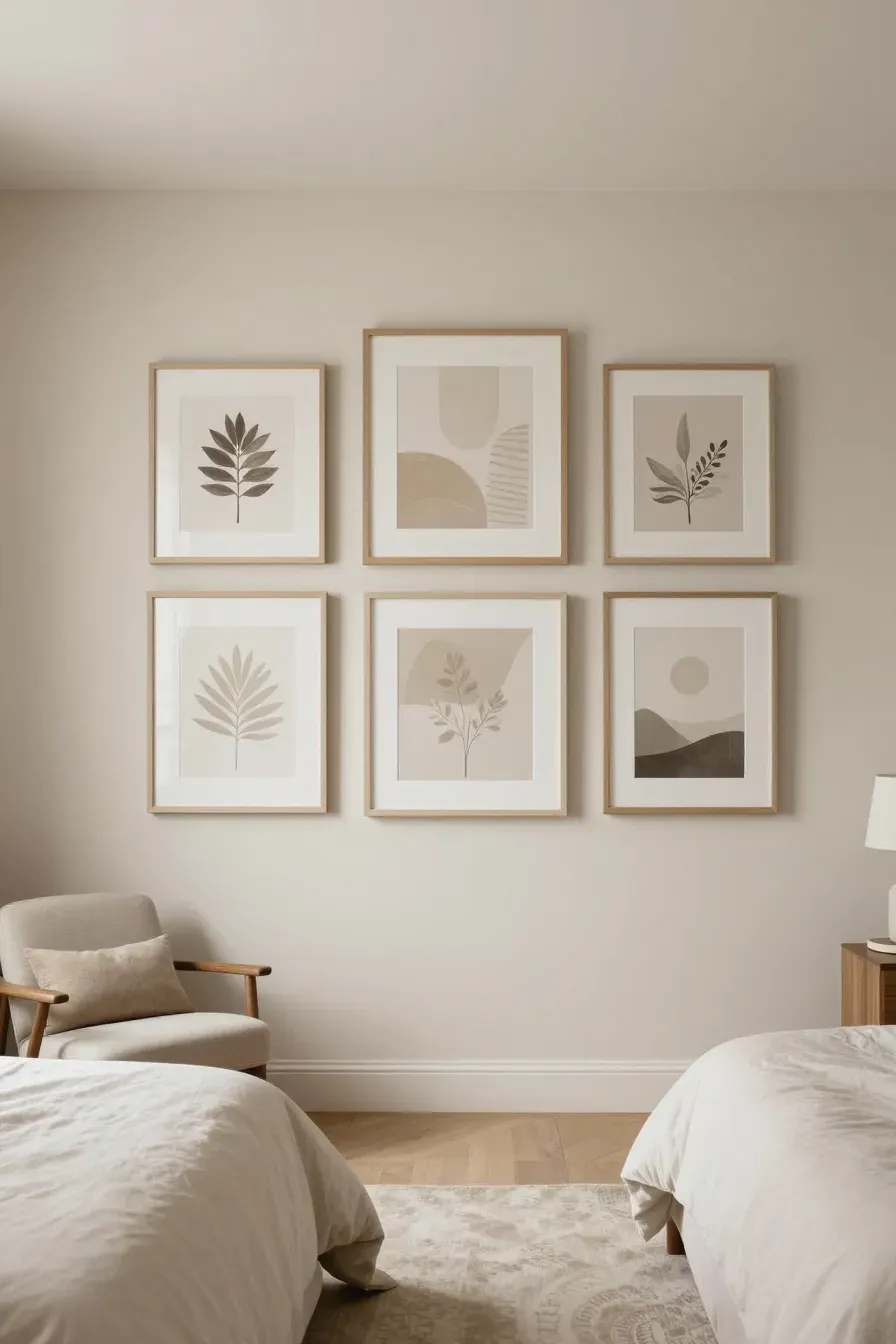 An organized gallery wall with various beige and cream prints in a minimalist bedroom.