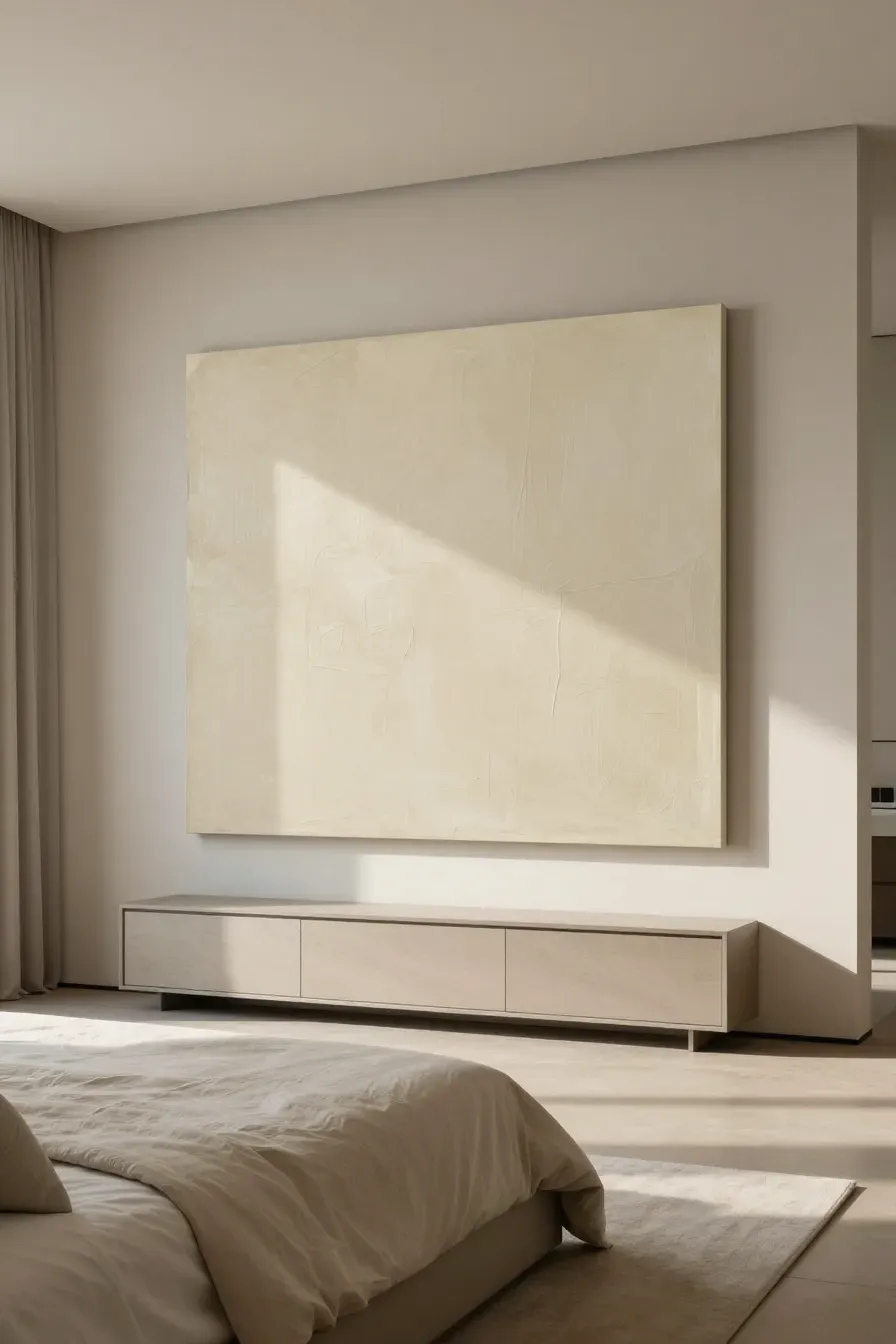 A large, oversized beige abstract painting serving as the focal point in a minimalist bedroom.
