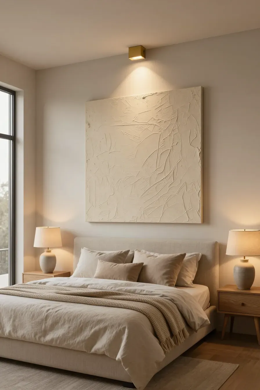 A calm beige bedroom featuring textured wall art highlighted by warm picture lights and bedside lamps.