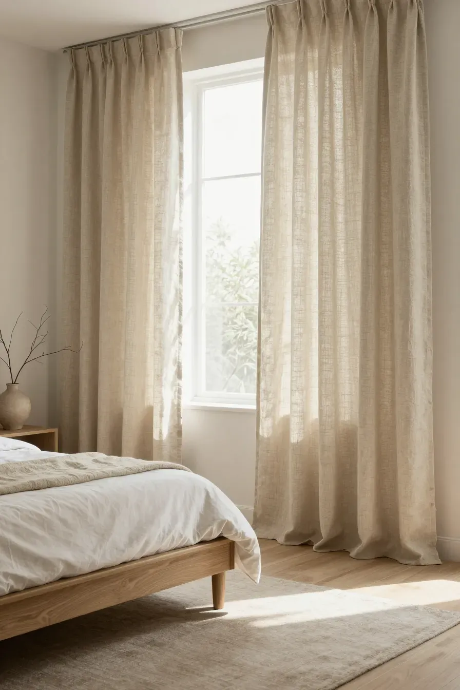 Wide view of a calm bedroom with heavy-weave beige linen curtains and a minimalist oak bed.