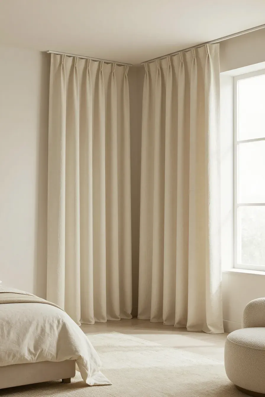 A layered cream bedroom featuring textured ivory curtains against warm cream matte walls.