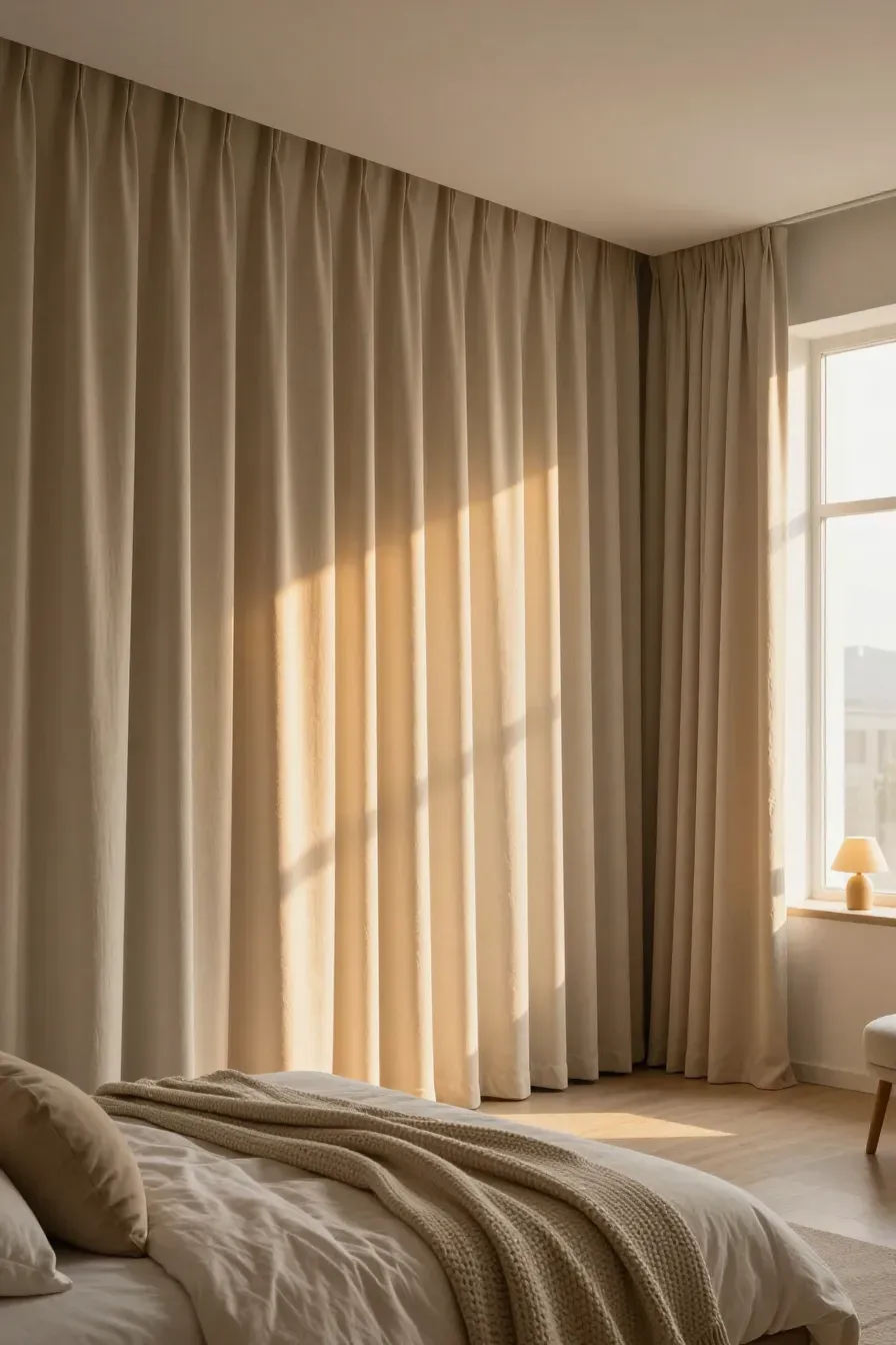 A cozy bedroom with thick, floor-to-ceiling beige curtains glowing in the warm golden hour light.