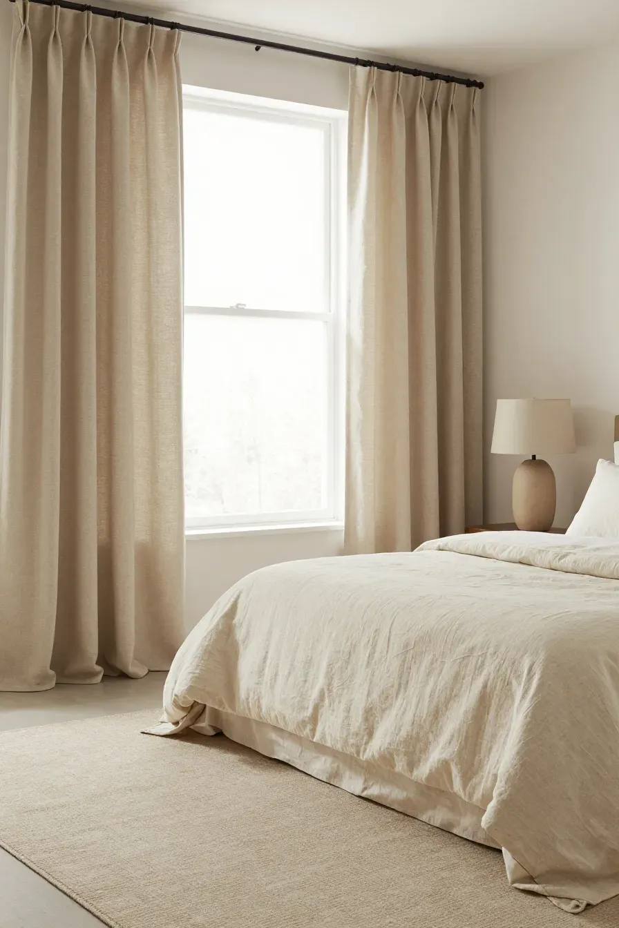 A balanced bedroom showing coordinated beige curtains, a cream linen duvet, and a wool rug.