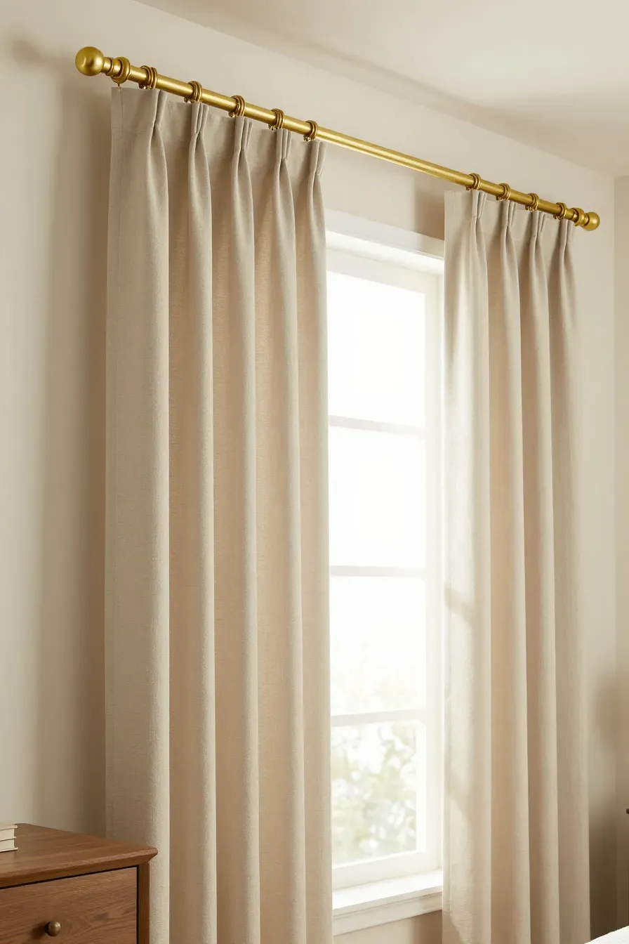 A bedroom window with beige curtains hanging from an elegant brushed brass curtain rod.