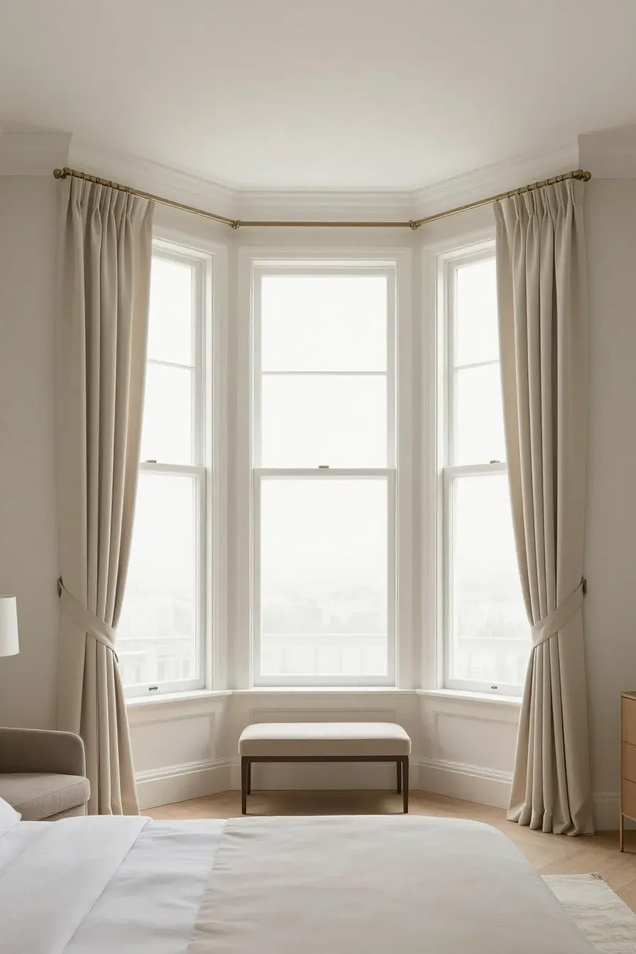 A wide view of a bedroom bay window with multiple panels of calm beige curtains.