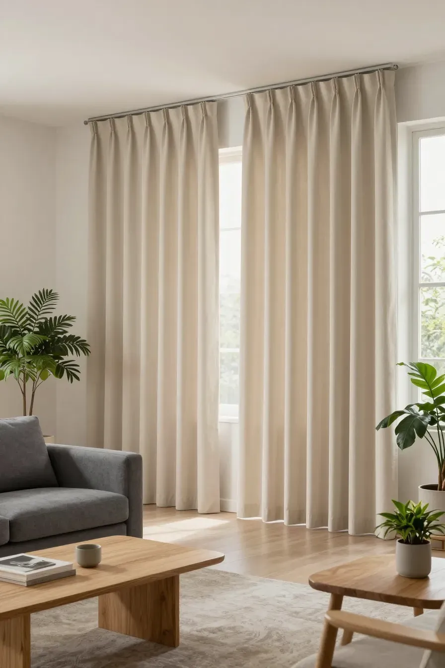 A wide living room shot showing how beige curtains complement a grey sofa and wooden furniture.