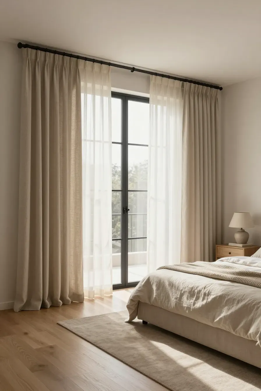 A wide shot of a calm bedroom featuring layered sheer and blackout beige curtains on a window.
