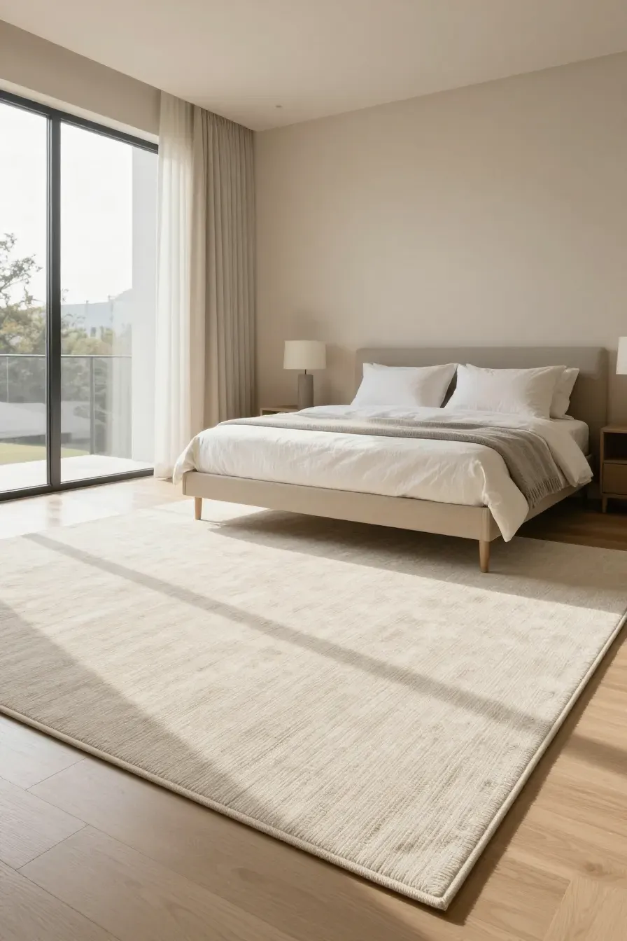 A wide shot of a bright bedroom featuring a large ivory rug on light wood floors with beige walls.