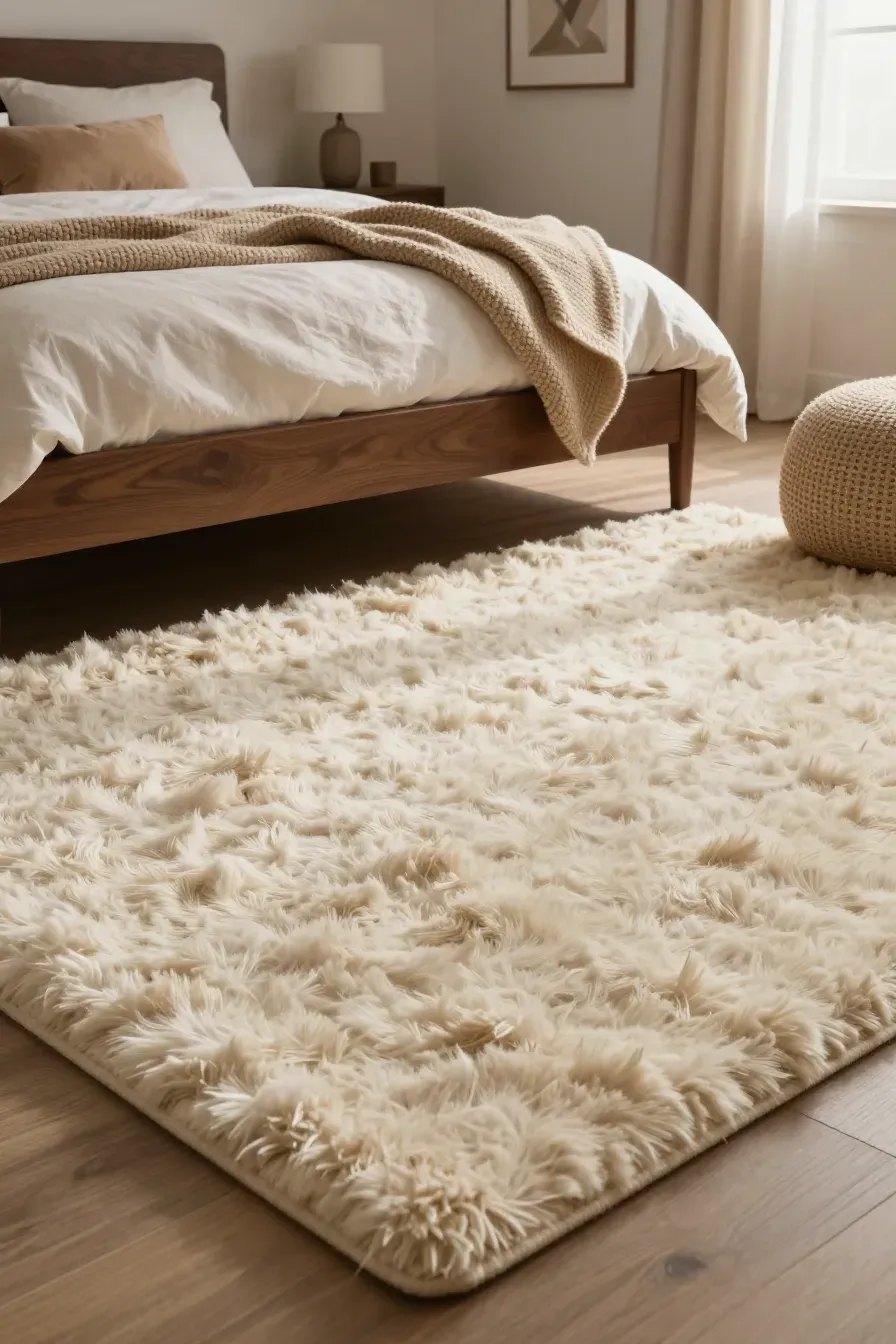 A plush, high-pile cream rug in a cozy bedroom with knit blankets and warm lighting.