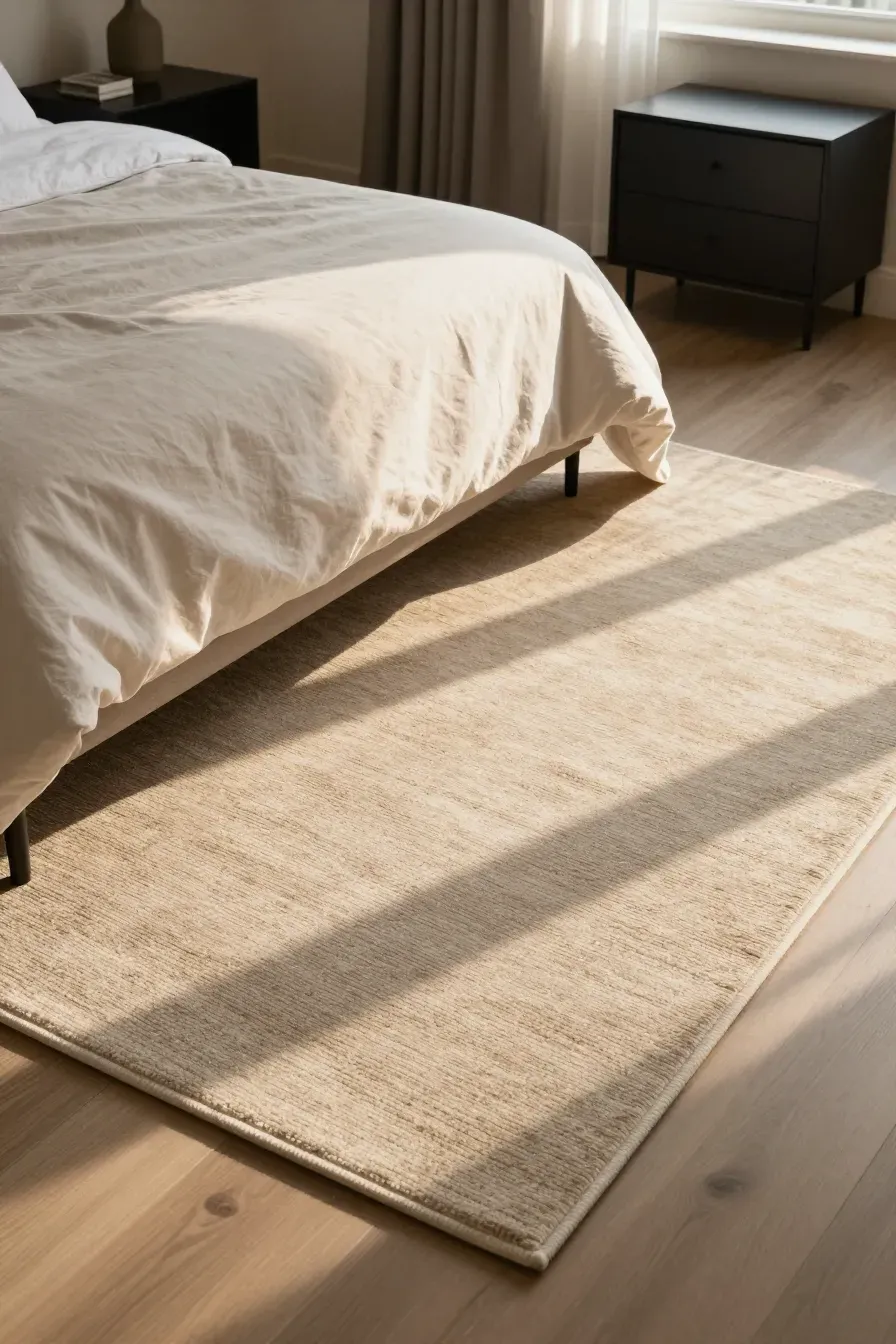 A large beige rug extending from under a bed, showing the soft landing area on both sides.