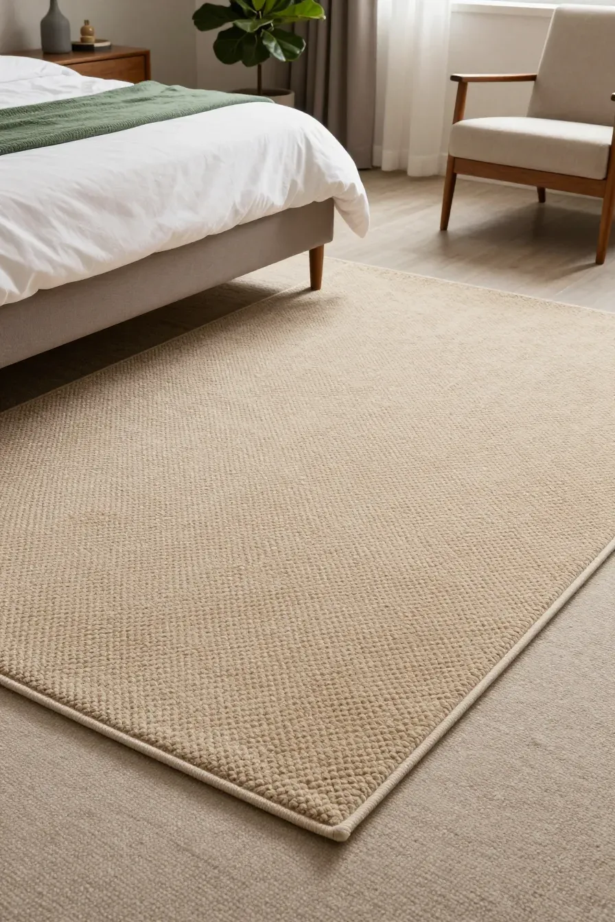 A textured beige area rug layered over a neutral carpet in a modern, sunlit bedroom.