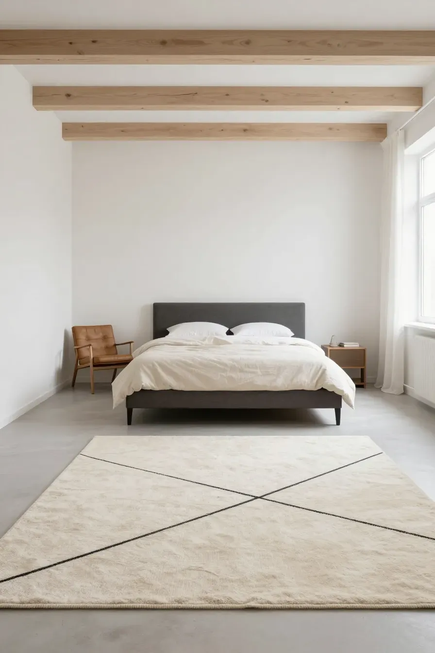 A minimalist Scandinavian bedroom with an ivory geometric rug and dark furniture accents.