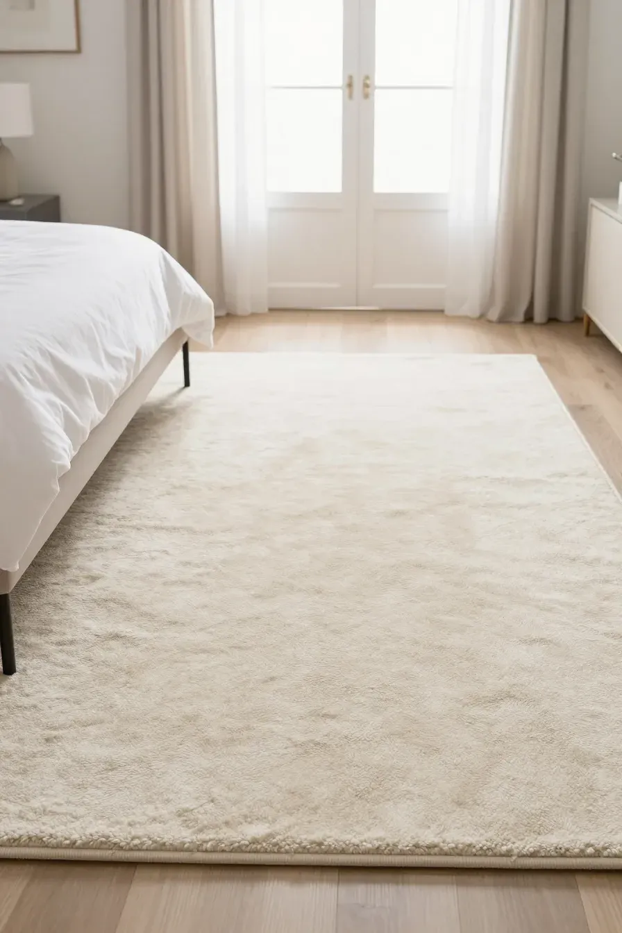 A spotless, bright cream rug in a well-lit modern bedroom with minimalist furniture.
