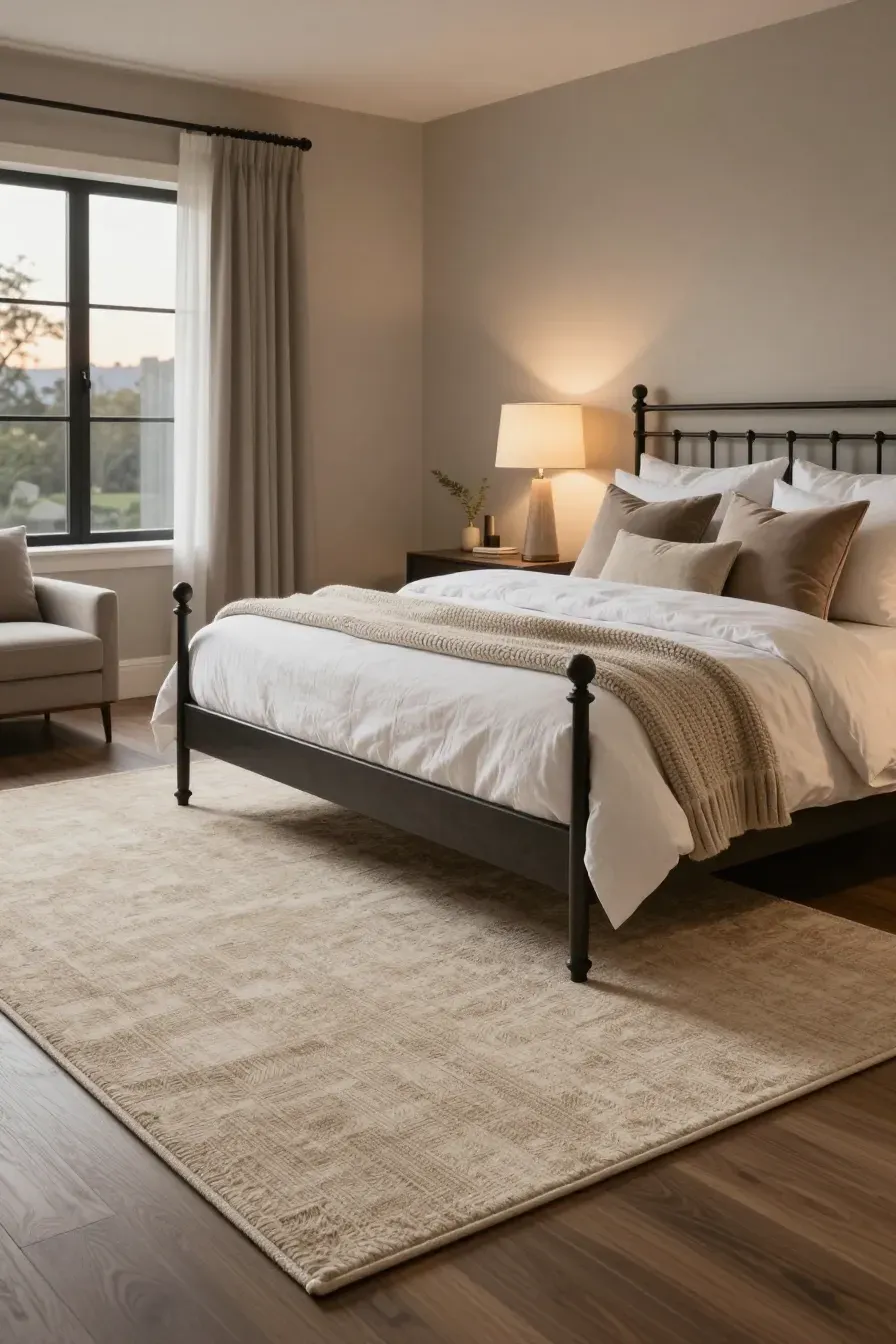 A coordinated bedroom featuring a beige rug, dark iron bed frame, and layered white bedding.