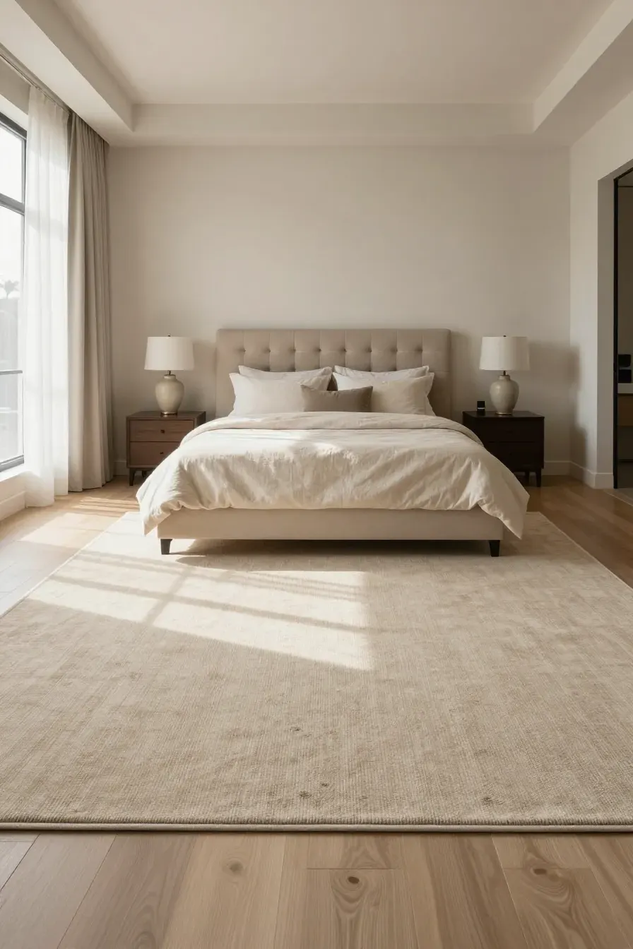A wide-angle view of a beige bedroom with a large neutral rug placed perfectly under a King bed.