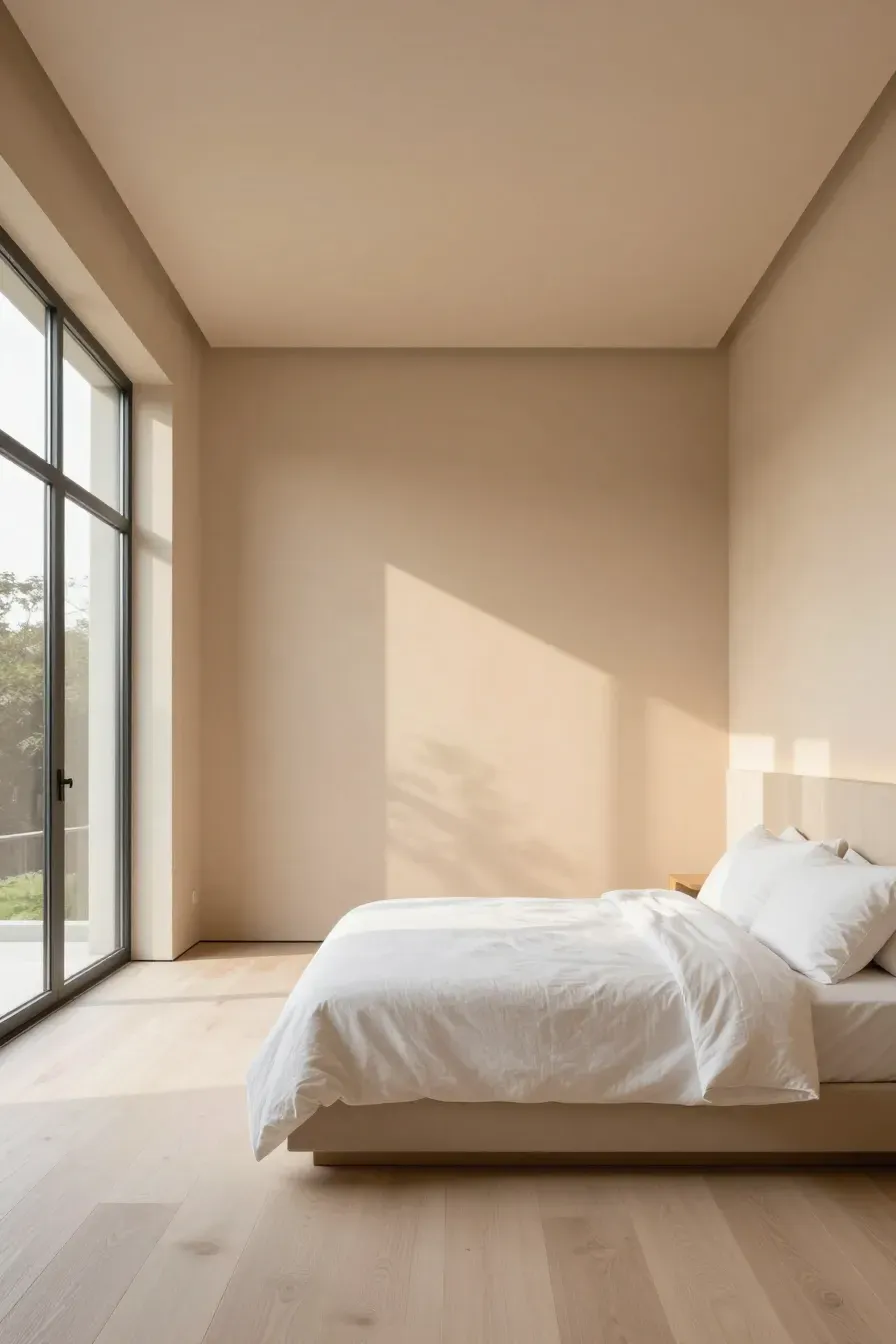 A wide-angle view of a bright bedroom with warm beige walls and natural morning sunlight.