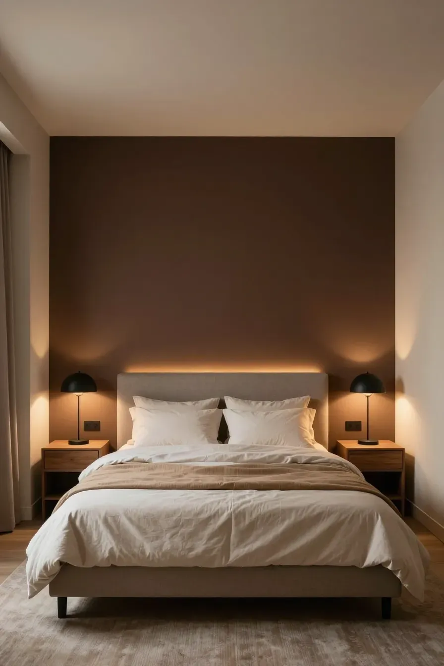 A modern bedroom featuring a dark espresso accent wall behind a light-colored bed.