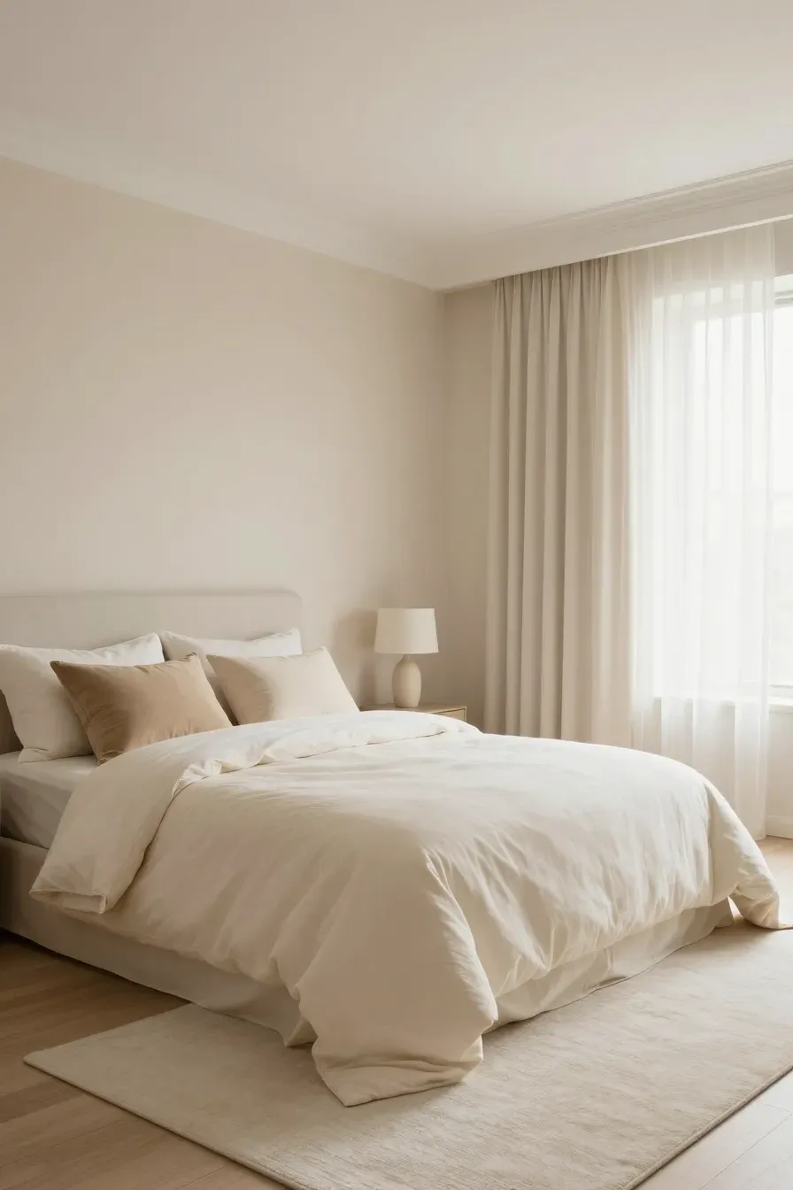 A bright bedroom showing various layers of cream bedding against tan walls.