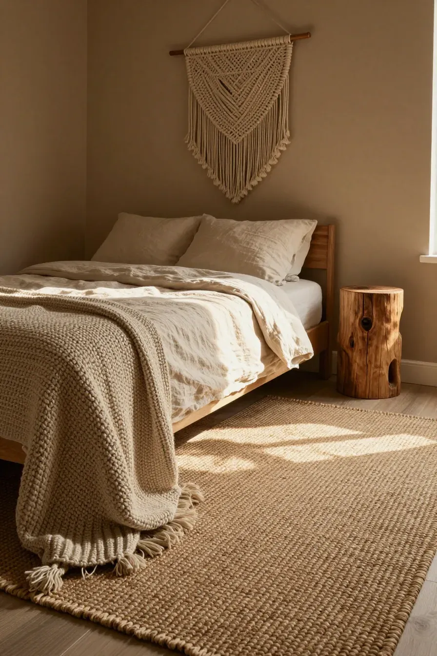 A tan bedroom featuring a chunky knit blanket, wooden furniture, and a jute rug.