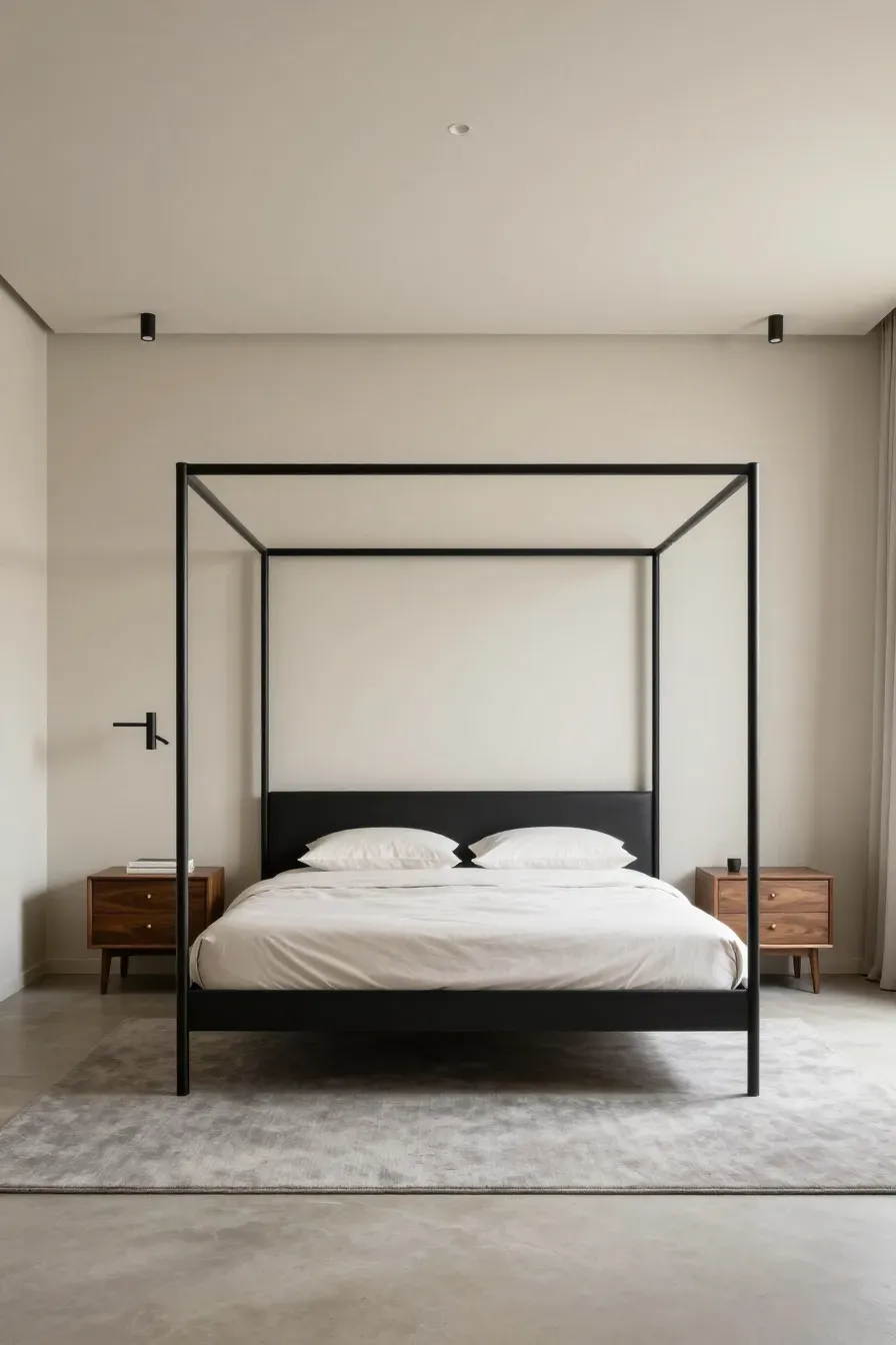 A modern bedroom with a black metal bed frame and walnut furniture against beige walls.
