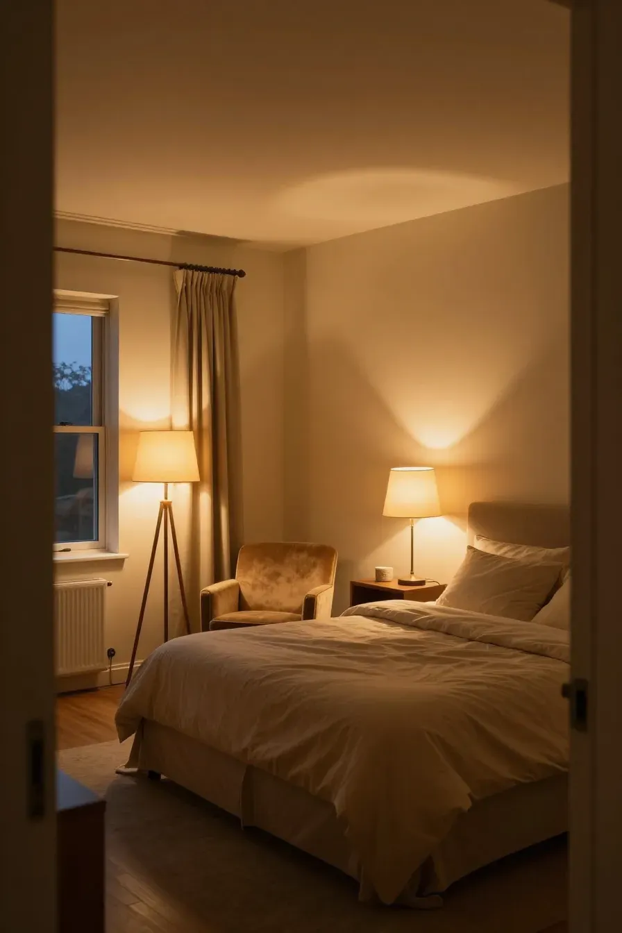 A cozy beige bedroom at night illuminated by warm bedside lamps and a floor lamp.