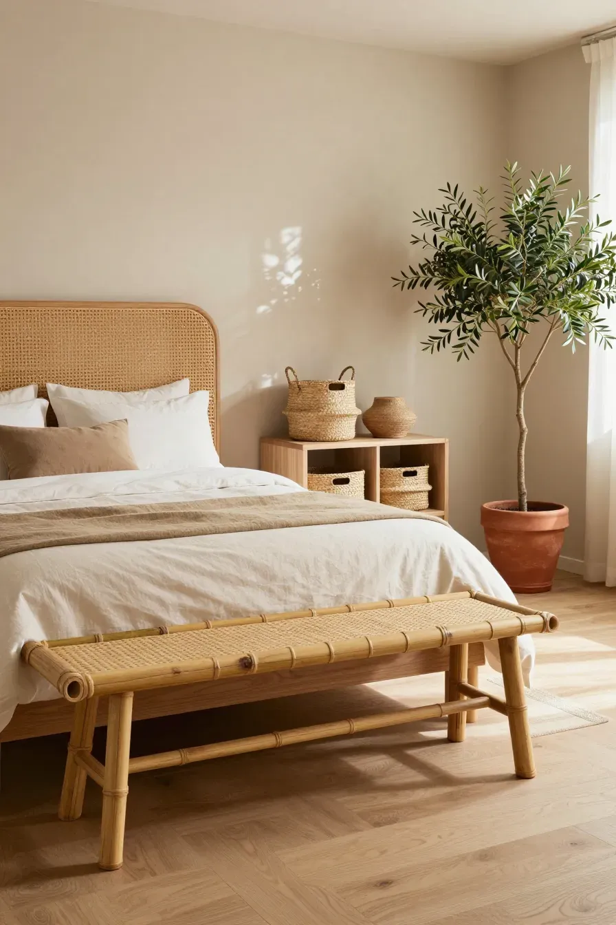 A beige bedroom featuring a rattan headboard, bamboo bench, and light wood floors.