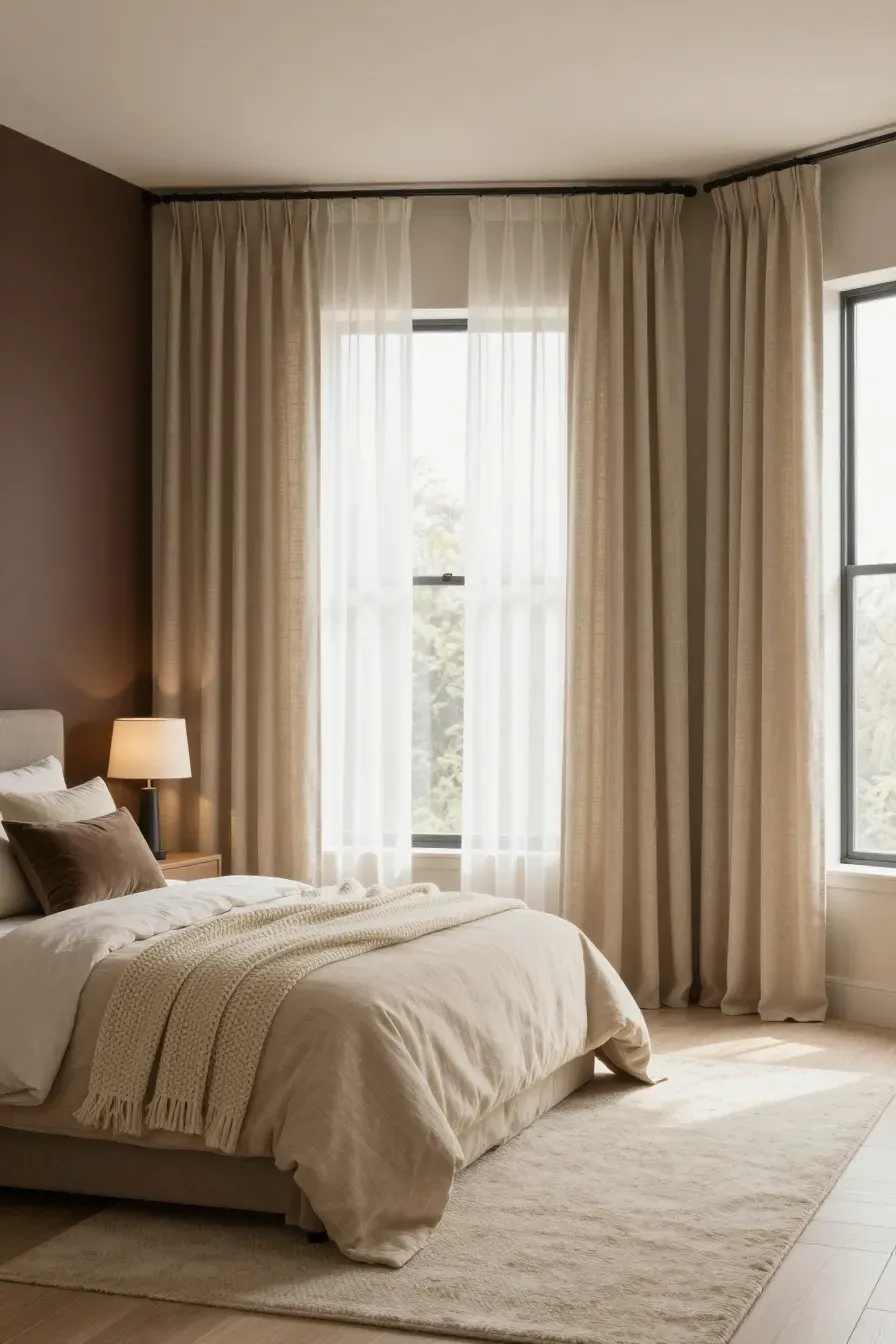 A relaxing beige bedroom featuring a dark brown accent wall and floor-to-ceiling cream linen curtains.