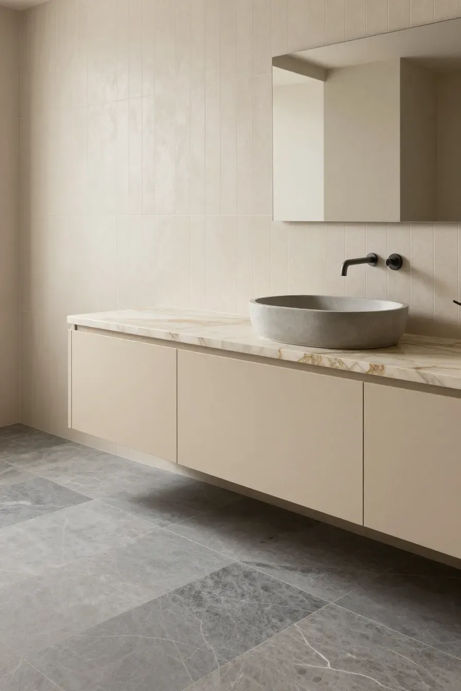 A modern beige bathroom vanity with a marble top set against slate floors and ceramic walls.