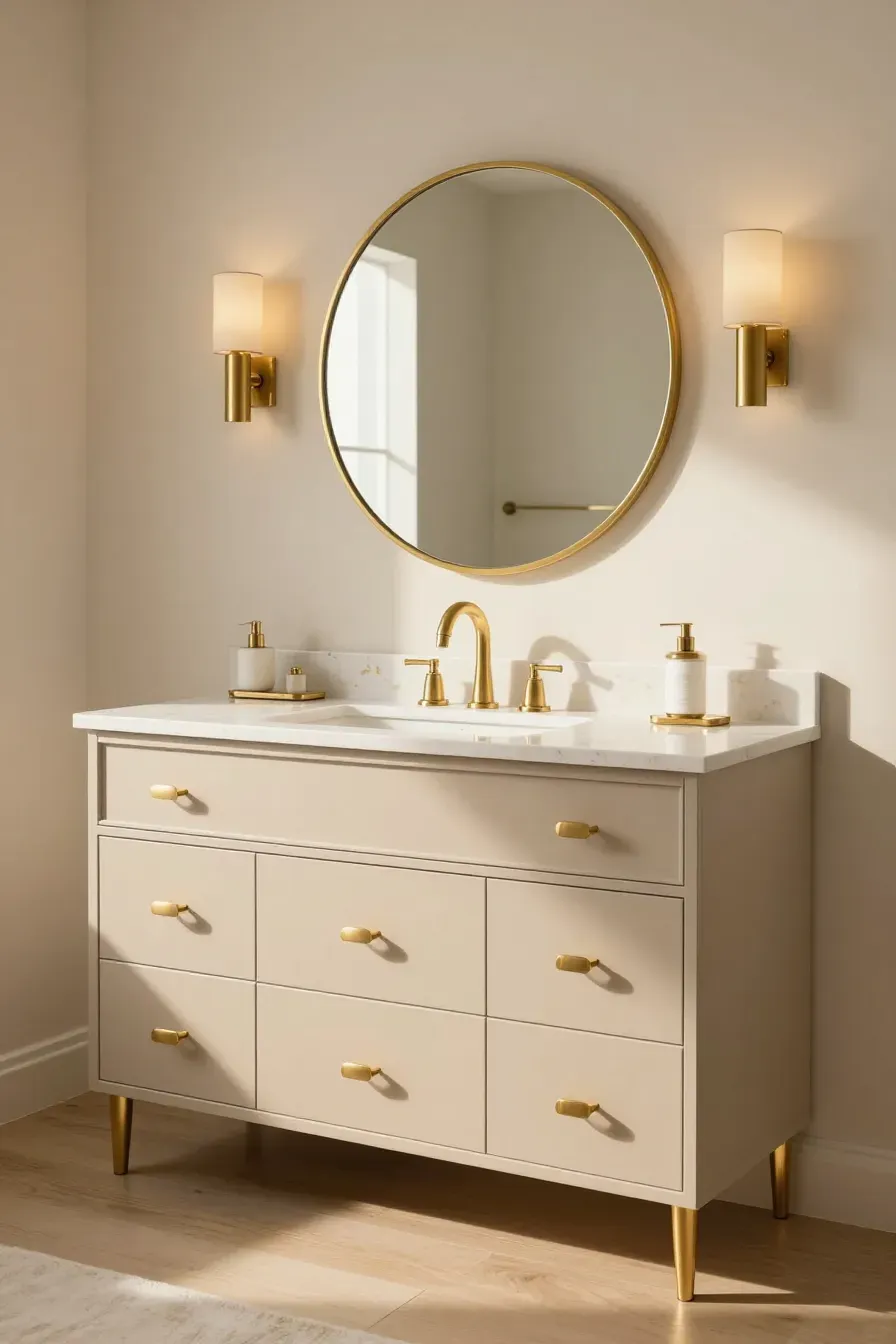 An elegant beige bathroom vanity featuring brushed gold faucets and hardware in a warm lit room.