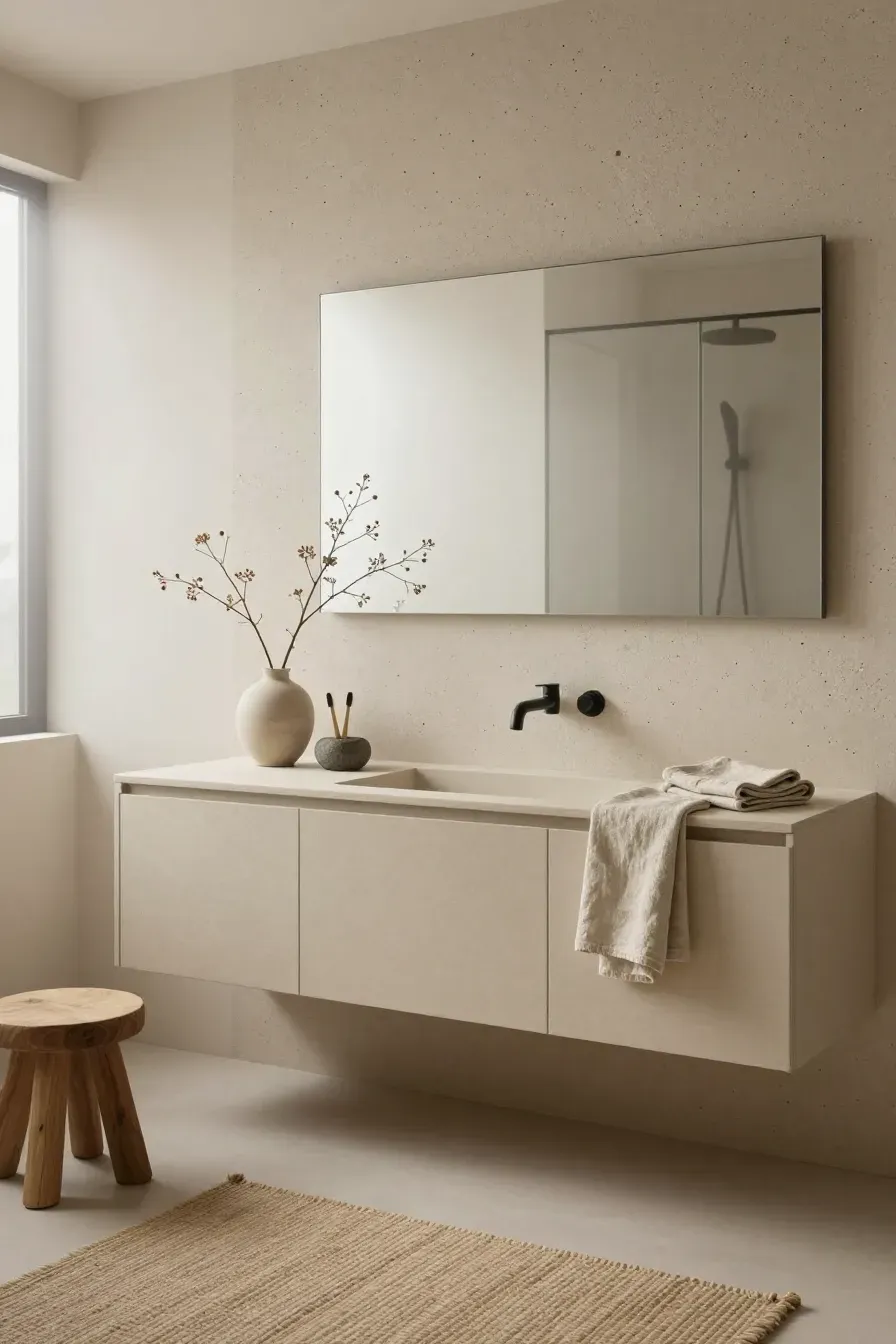 A minimalist Japandi-style beige vanity with organic decor and natural stone textures.
