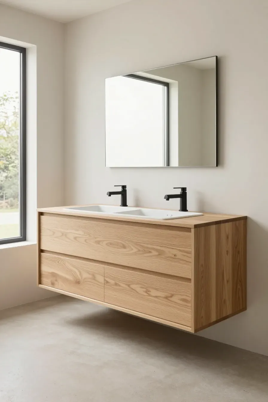 A light oak wood vanity with a natural beige tone in a bright, modern Scandinavian bathroom.