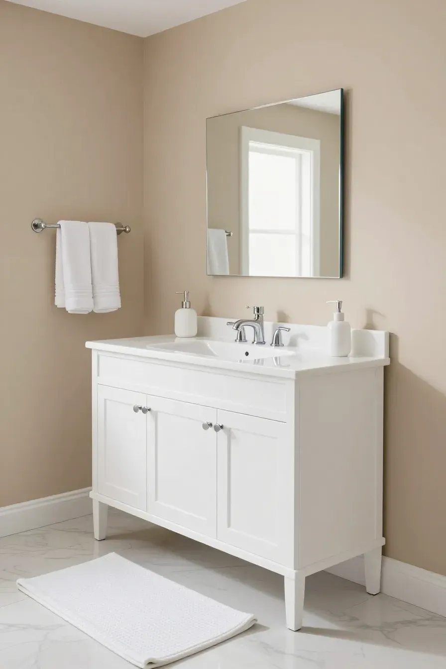 A crisp white bathroom vanity contrasting against warm beige walls and cream marble floors.