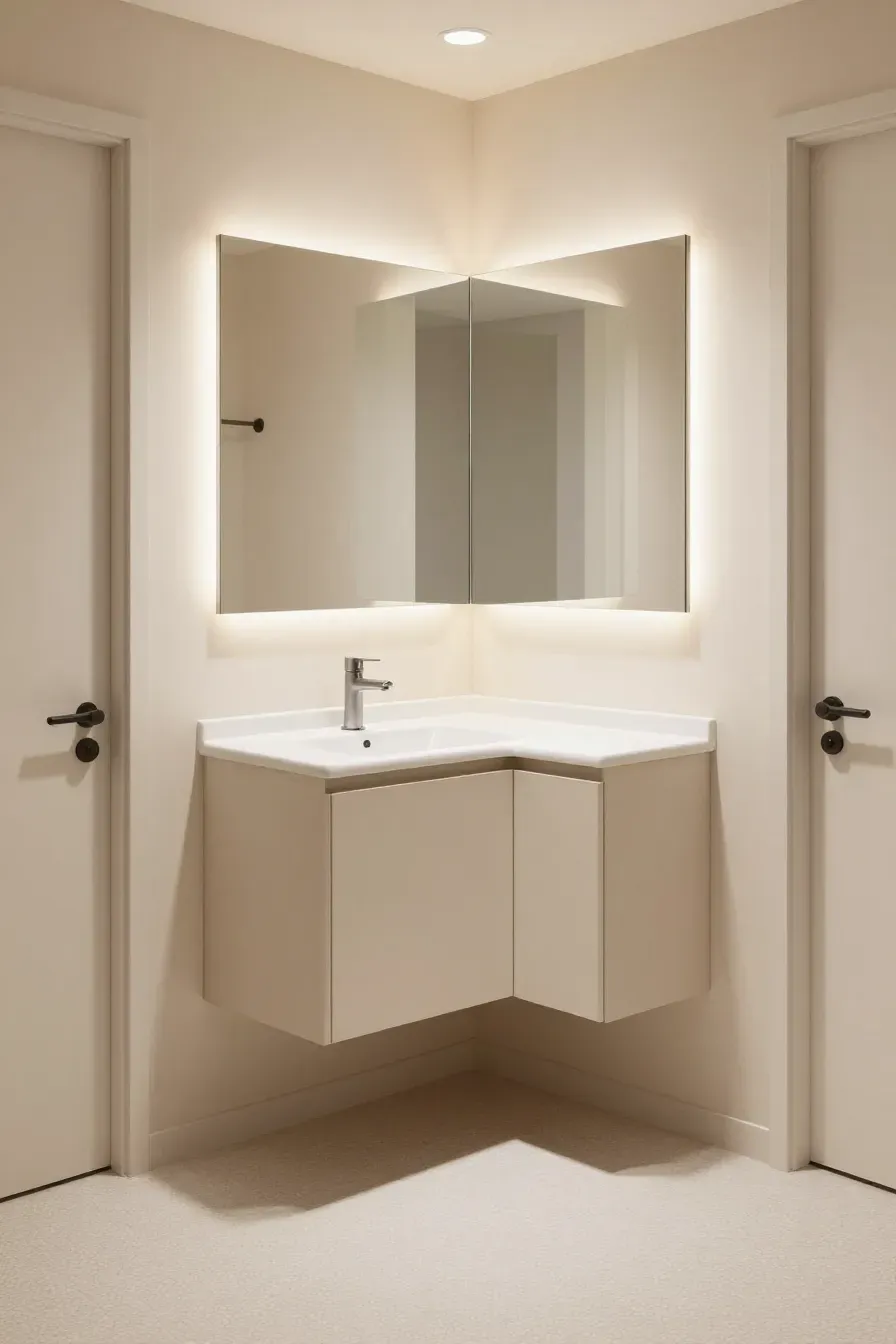A space-saving light beige corner vanity in a small, bright powder room with large mirrors.