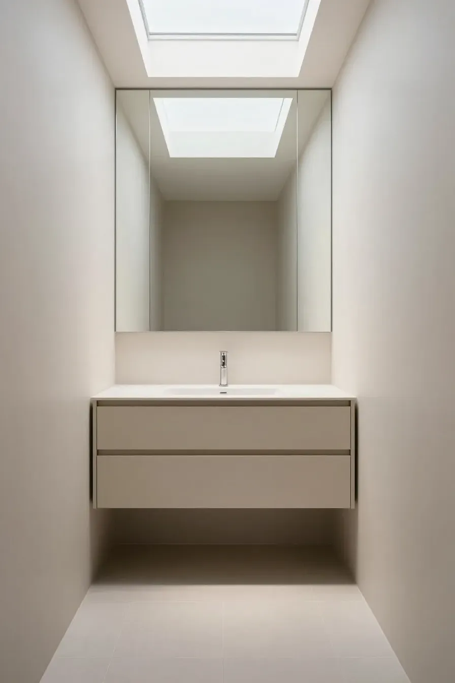 A slim floating beige vanity in a narrow bathroom, creating a sense of space and openness.