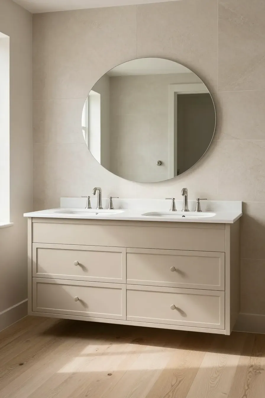 A wide shot of a custom-painted mushroom-beige bathroom vanity with a white quartz countertop.