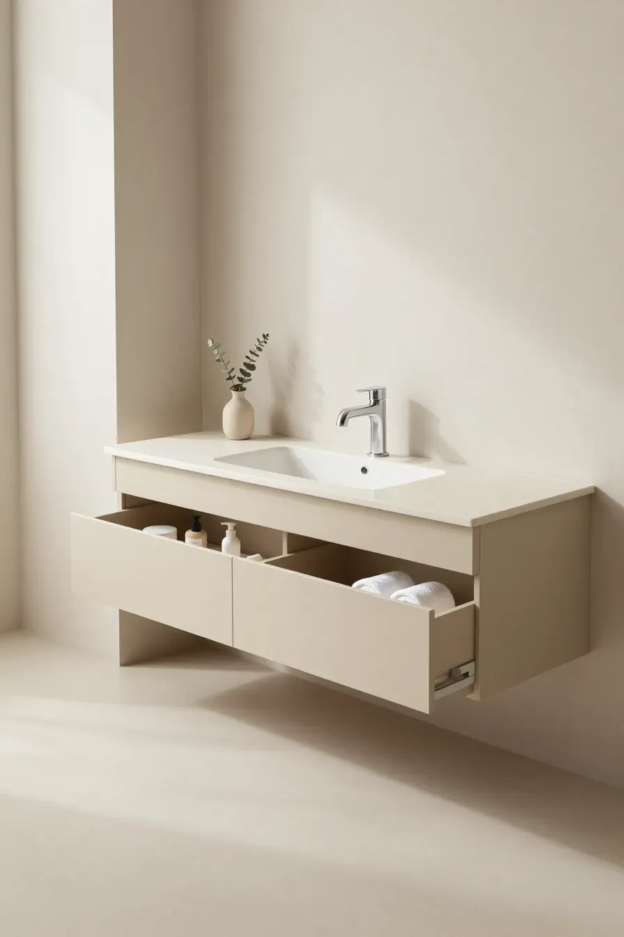 A minimalist floating beige vanity in a spa-like bathroom with organized internal drawers.