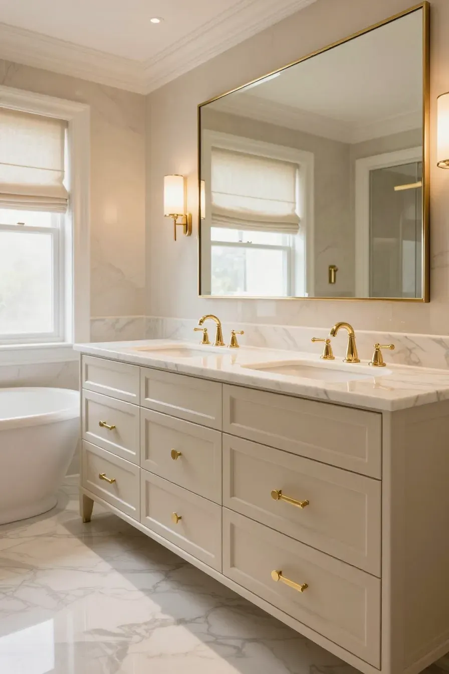 A wide, polished luxury bathroom featuring a well-maintained beige vanity with brass hardware.