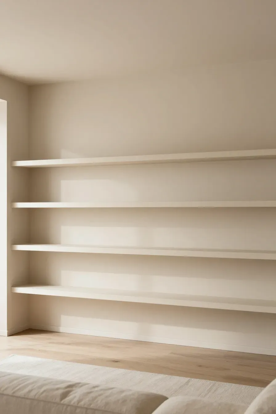 A minimalist room with three beige floating shelves perfectly matched to the sandy beige wall color.