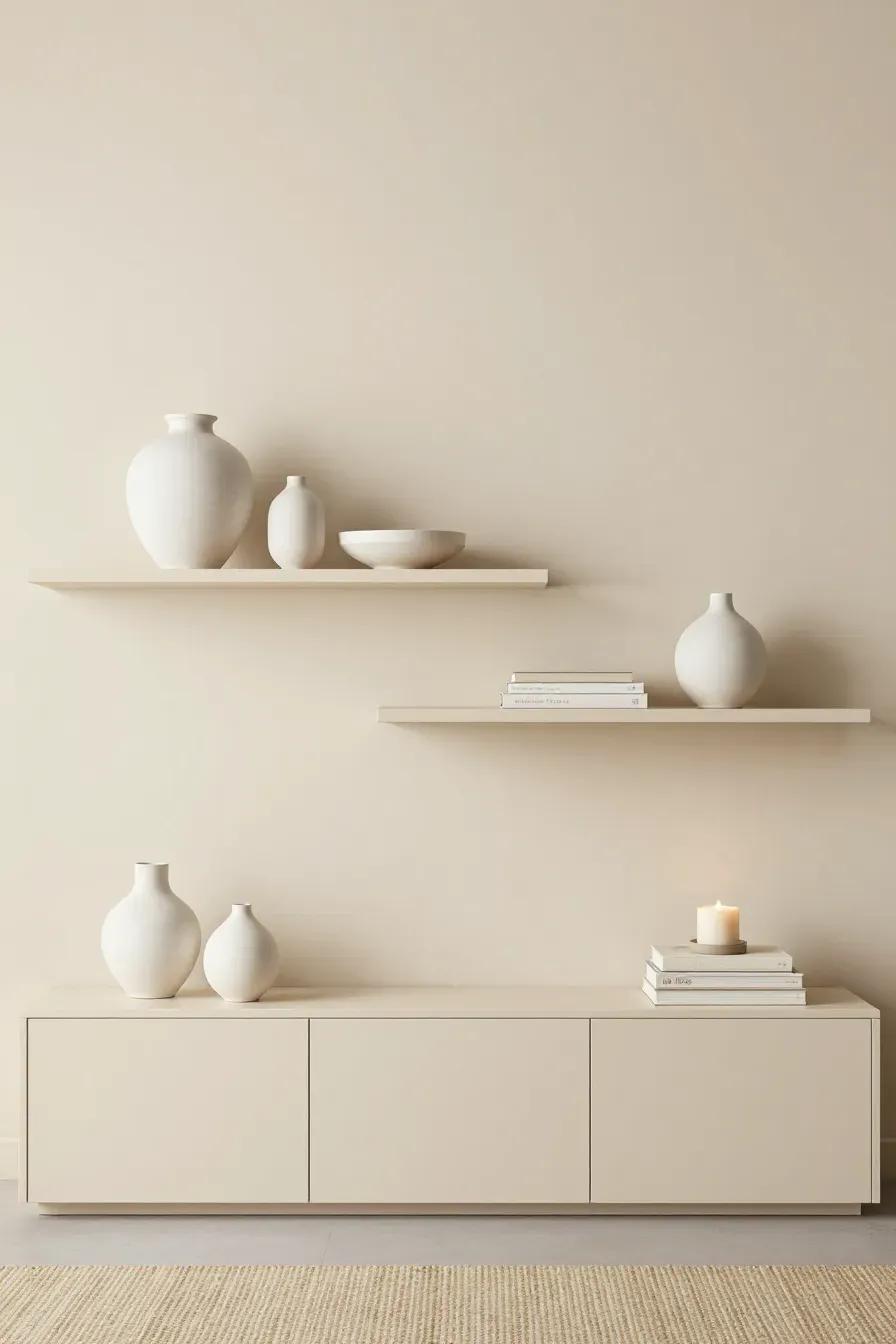 Staggered beige floating shelves styled with a white vase, books, and candles in a calm living room.